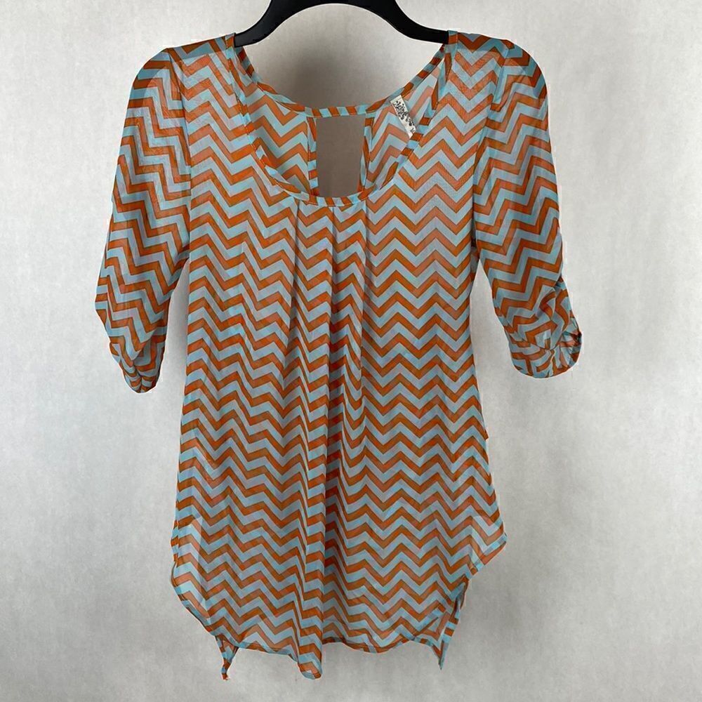 Yahada Sheer Blouse Top Shirt Size Small Turquoise Orange Chevron 3/4 Sleeve
